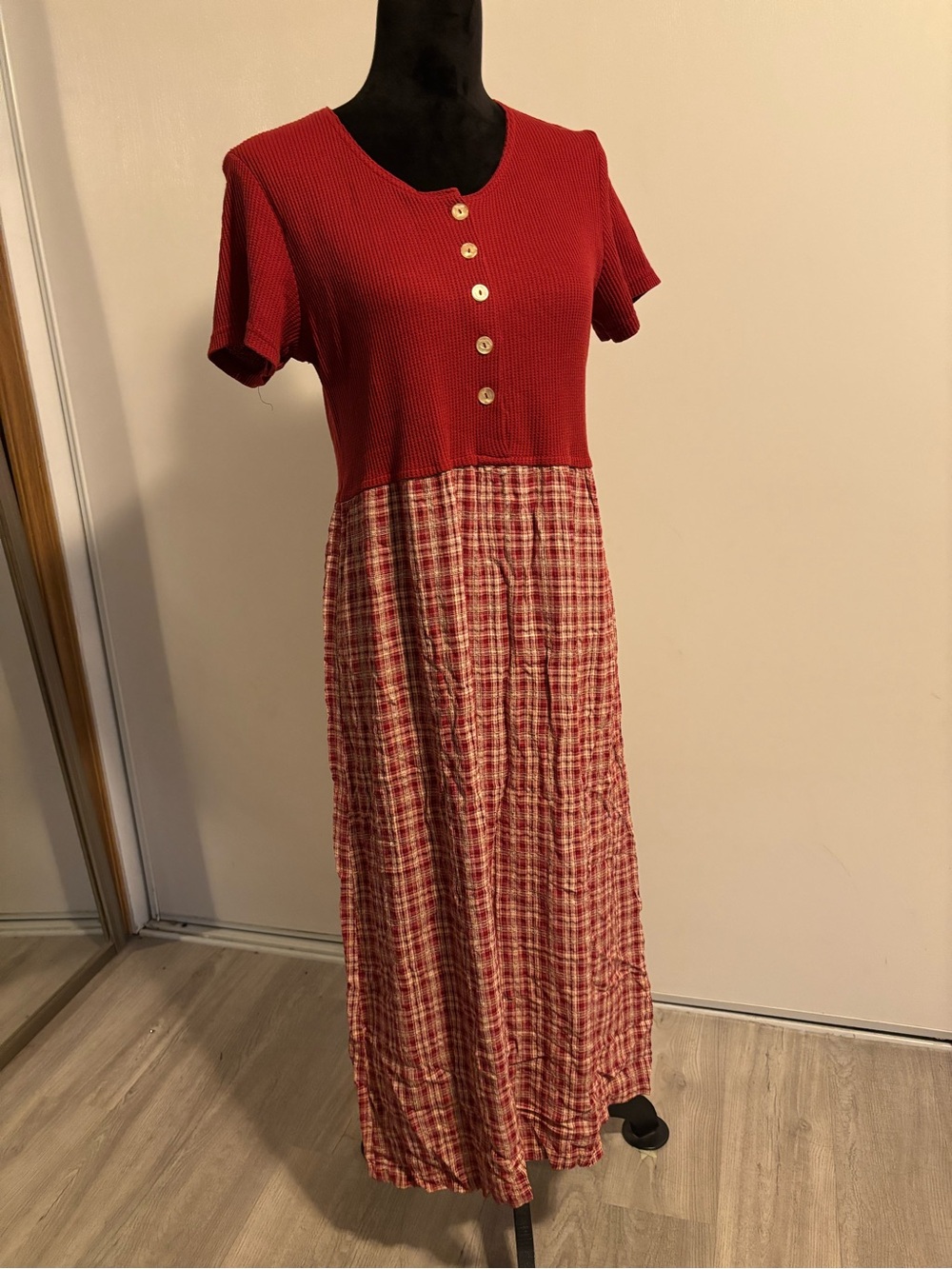 Cottage Core Dress VTG Size Large Red Plaid Prairie Picnic 90’s Grunge Crunchy